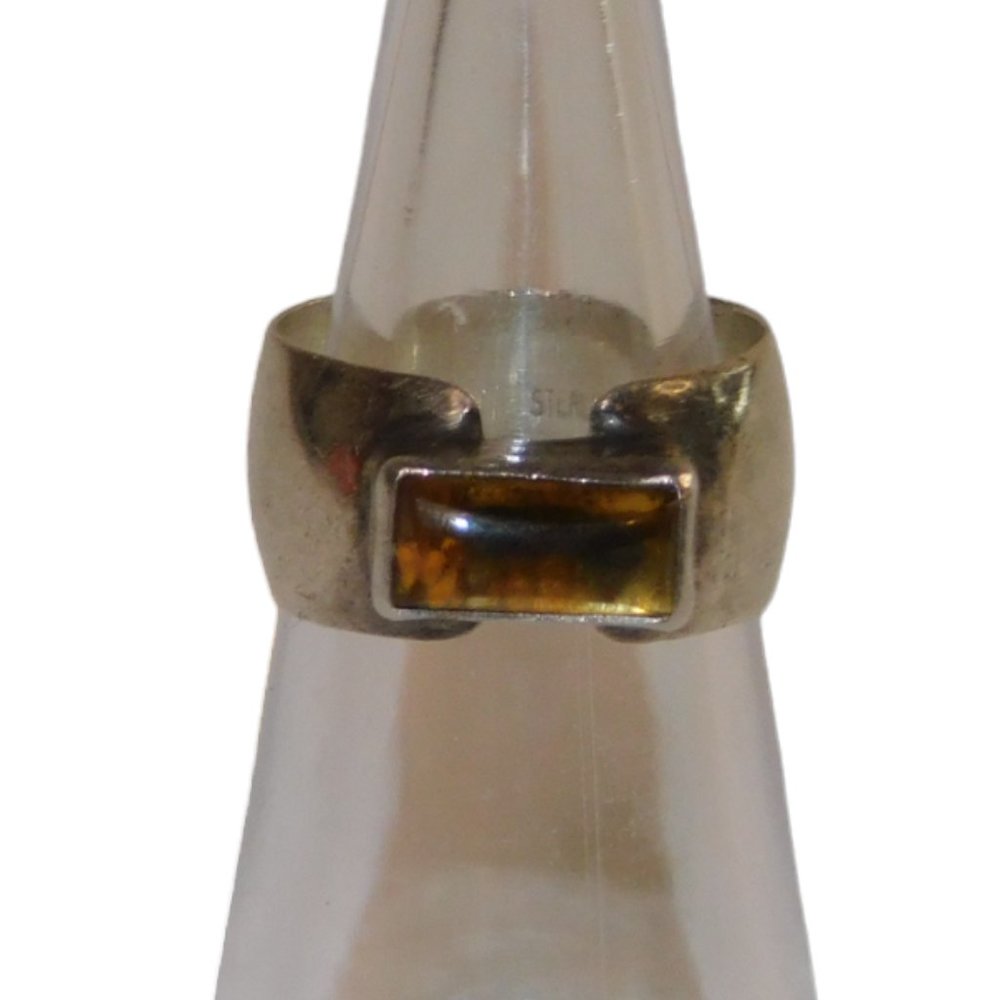 Sterling Silver Amber Ring Size 5.5 Wide Band Beautiful Stone Vintage - Picture 2 of 10